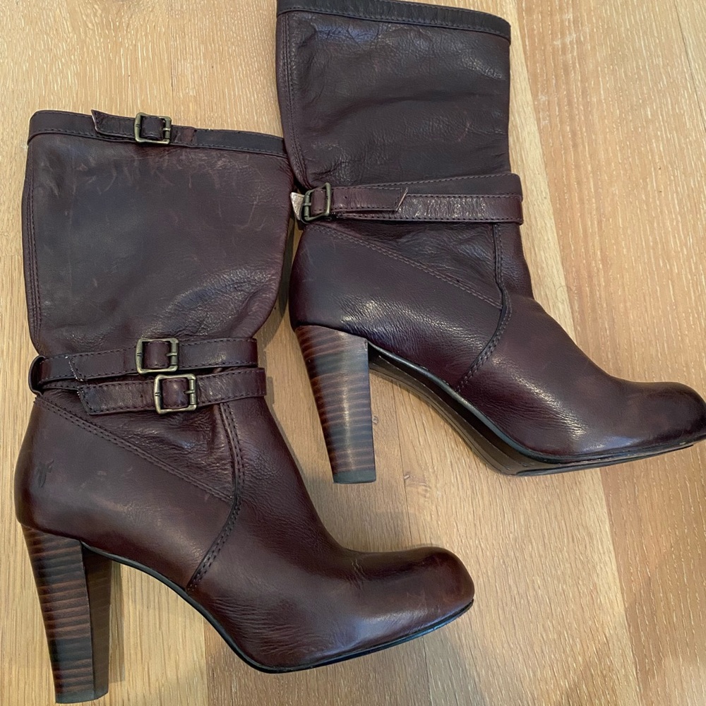 Frye Miranda Slouch Mid-Calf Brown Leather High Heel Boot